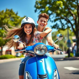 A vibrant scene of a teenage girl riding a blue scooter, exuding joy and confidence
