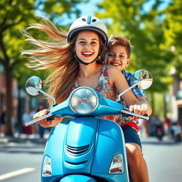 A vibrant scene of a teenage girl riding a blue scooter, exuding joy and confidence