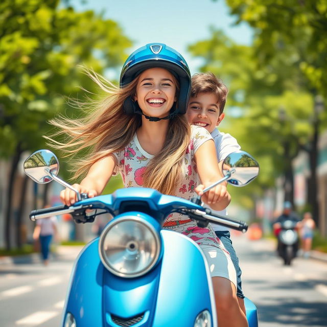 A vibrant scene of a teenage girl riding a blue scooter, exuding joy and confidence