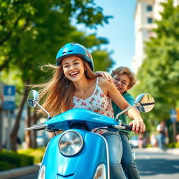 A vibrant scene of a teenage girl riding a blue scooter, exuding joy and confidence