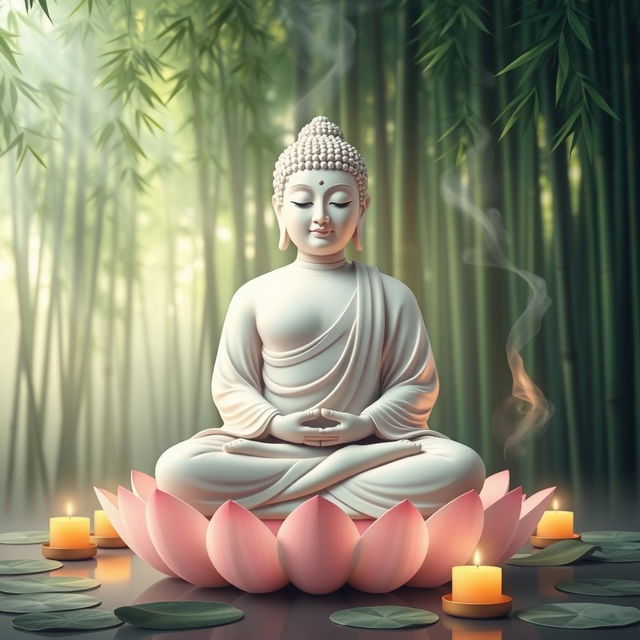 A serene and peaceful depiction of Lord Buddha in meditation, sitting cross-legged on a lotus flower