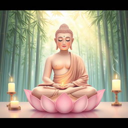 A serene and peaceful depiction of Lord Buddha in meditation, sitting cross-legged on a lotus flower