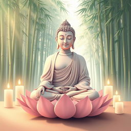 A serene and peaceful depiction of Lord Buddha in meditation, sitting cross-legged on a lotus flower