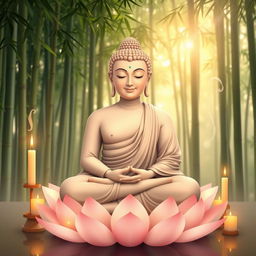 A serene and peaceful depiction of Lord Buddha in meditation, sitting cross-legged on a lotus flower