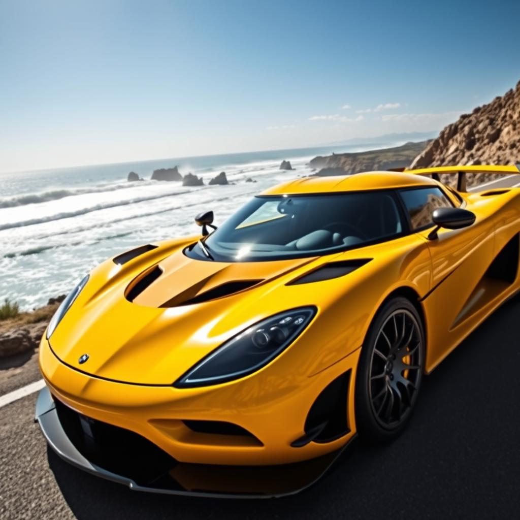 A vibrant yellow Koenigsegg Agera RS parked on a scenic coastal road, the sun glinting off its sleek curves and aerodynamic lines