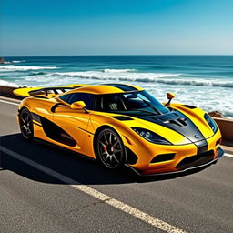 A vibrant yellow Koenigsegg Agera RS parked on a scenic coastal road, the sun glinting off its sleek curves and aerodynamic lines