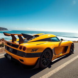 A vibrant yellow Koenigsegg Agera RS parked on a scenic coastal road, the sun glinting off its sleek curves and aerodynamic lines