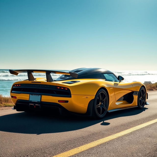 A vibrant yellow Koenigsegg Agera RS parked on a scenic coastal road, the sun glinting off its sleek curves and aerodynamic lines