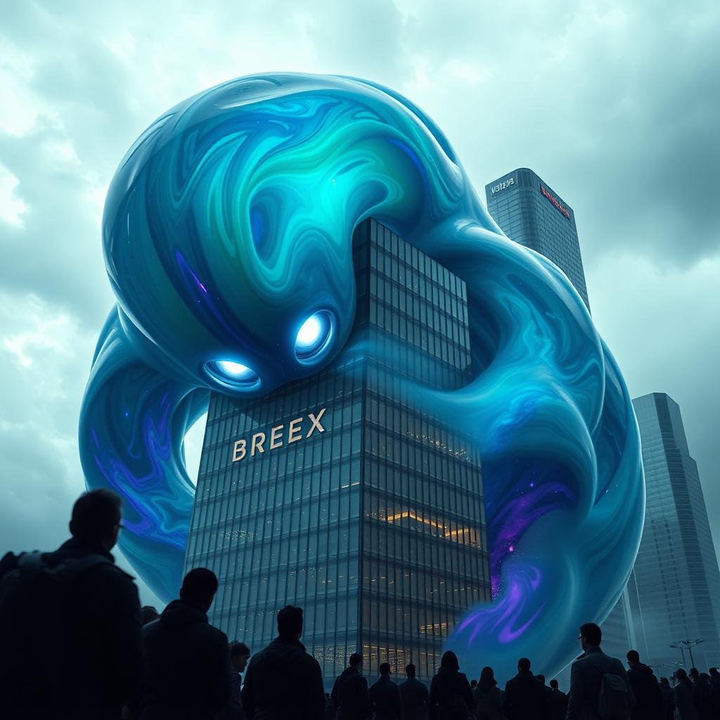 A surreal scene depicting a giant, abstract entity engulfing a modern share market building