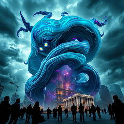 A surreal scene depicting a giant, abstract entity engulfing a modern share market building