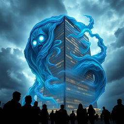 A surreal scene depicting a giant, abstract entity engulfing a modern share market building