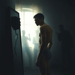 A poignant scene capturing the inner turmoil of a man struggling with body dysmorphia