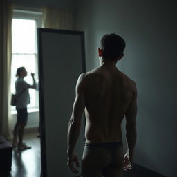 A poignant scene capturing the inner turmoil of a man struggling with body dysmorphia