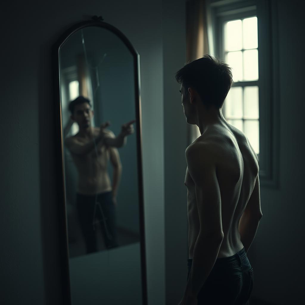 A poignant scene capturing the inner turmoil of a man struggling with body dysmorphia