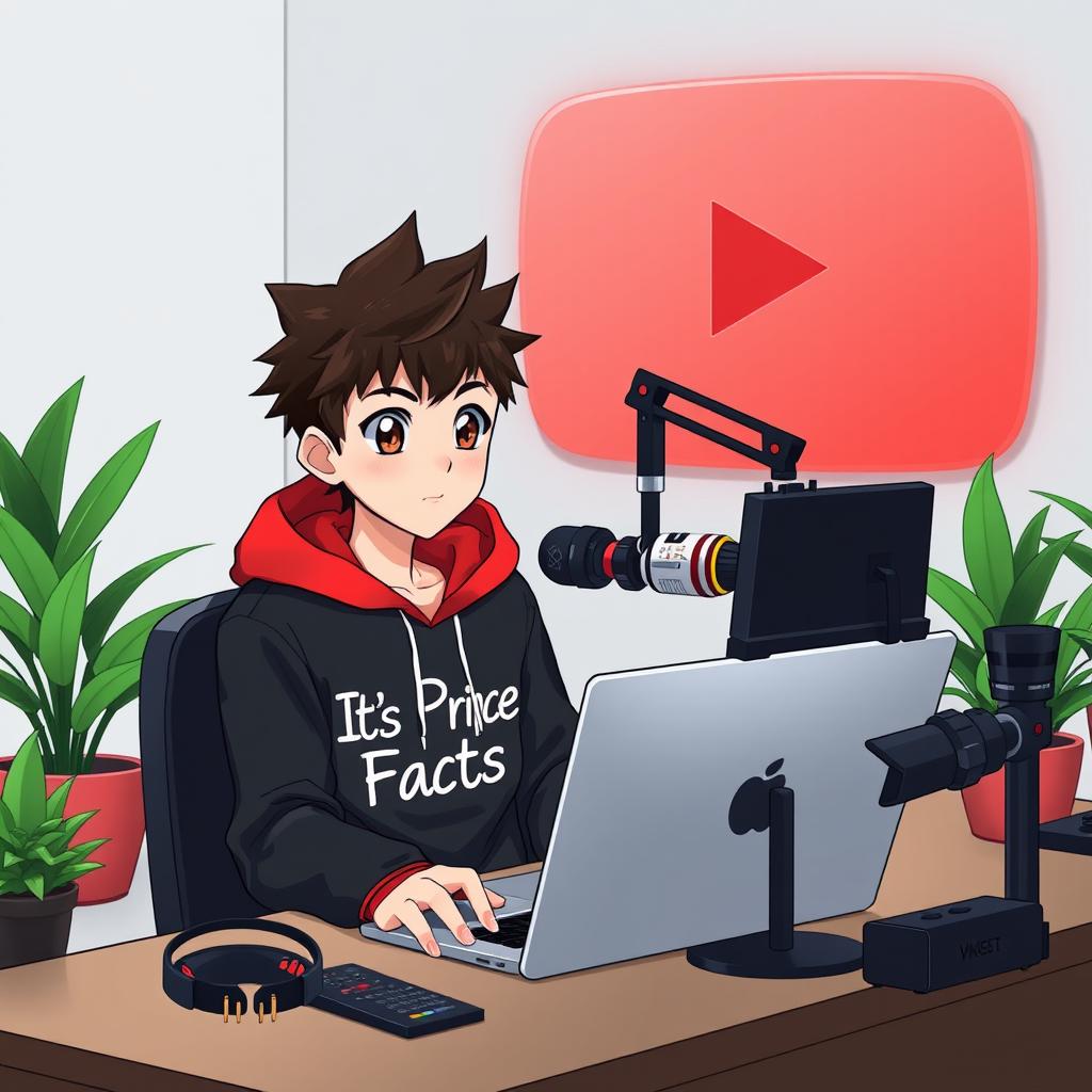 A 16-year-old anime boy sitting at a computer desk, wearing a black and red hoodie featuring the Channel Name 'Its Prince Facts'