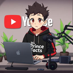 A 16-year-old anime boy sitting at a computer desk, wearing a black and red hoodie featuring the Channel Name 'Its Prince Facts'