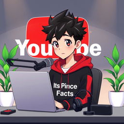 A 16-year-old anime boy sitting at a computer desk, wearing a black and red hoodie featuring the Channel Name 'Its Prince Facts'