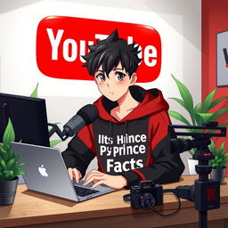 A 16-year-old anime boy sitting at a computer desk, wearing a black and red hoodie featuring the Channel Name 'Its Prince Facts'