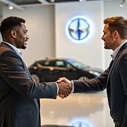 A scene depicting two men shaking hands in a corporate setting, symbolizing partnership and collaboration