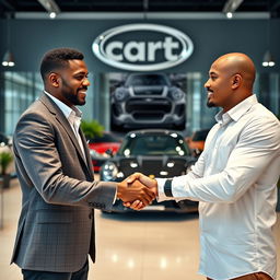 A scene depicting two men shaking hands in a corporate setting, symbolizing partnership and collaboration