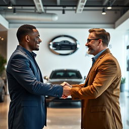 A scene depicting two men shaking hands in a corporate setting, symbolizing partnership and collaboration