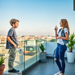 A boy standing on one terrace, looking engaged as he talks, wearing a casual outfit, with a background view of an urban landscape