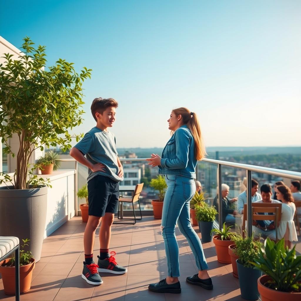 A boy standing on one terrace, looking engaged as he talks, wearing a casual outfit, with a background view of an urban landscape