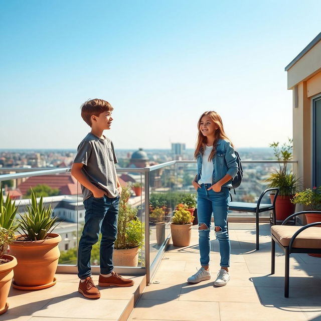 A boy standing on one terrace, looking engaged as he talks, wearing a casual outfit, with a background view of an urban landscape