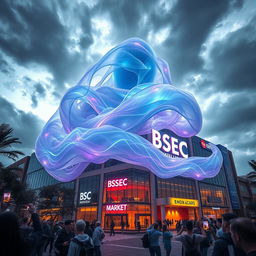 An imaginative scene depicting a giant ethereal entity engulfing the BSEC market building, showcasing a surreal fusion of architecture and mysticism