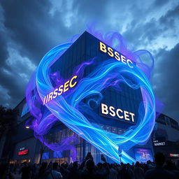 An imaginative scene depicting a giant ethereal entity engulfing the BSEC market building, showcasing a surreal fusion of architecture and mysticism