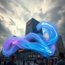 An imaginative scene depicting a giant ethereal entity engulfing the BSEC market building, showcasing a surreal fusion of architecture and mysticism