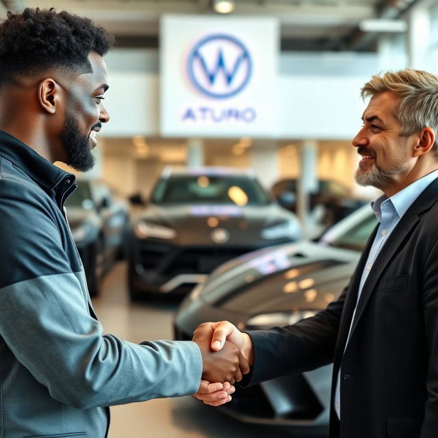 A scene showcasing two men engaged in a handshake, symbolizing partnership and collaboration