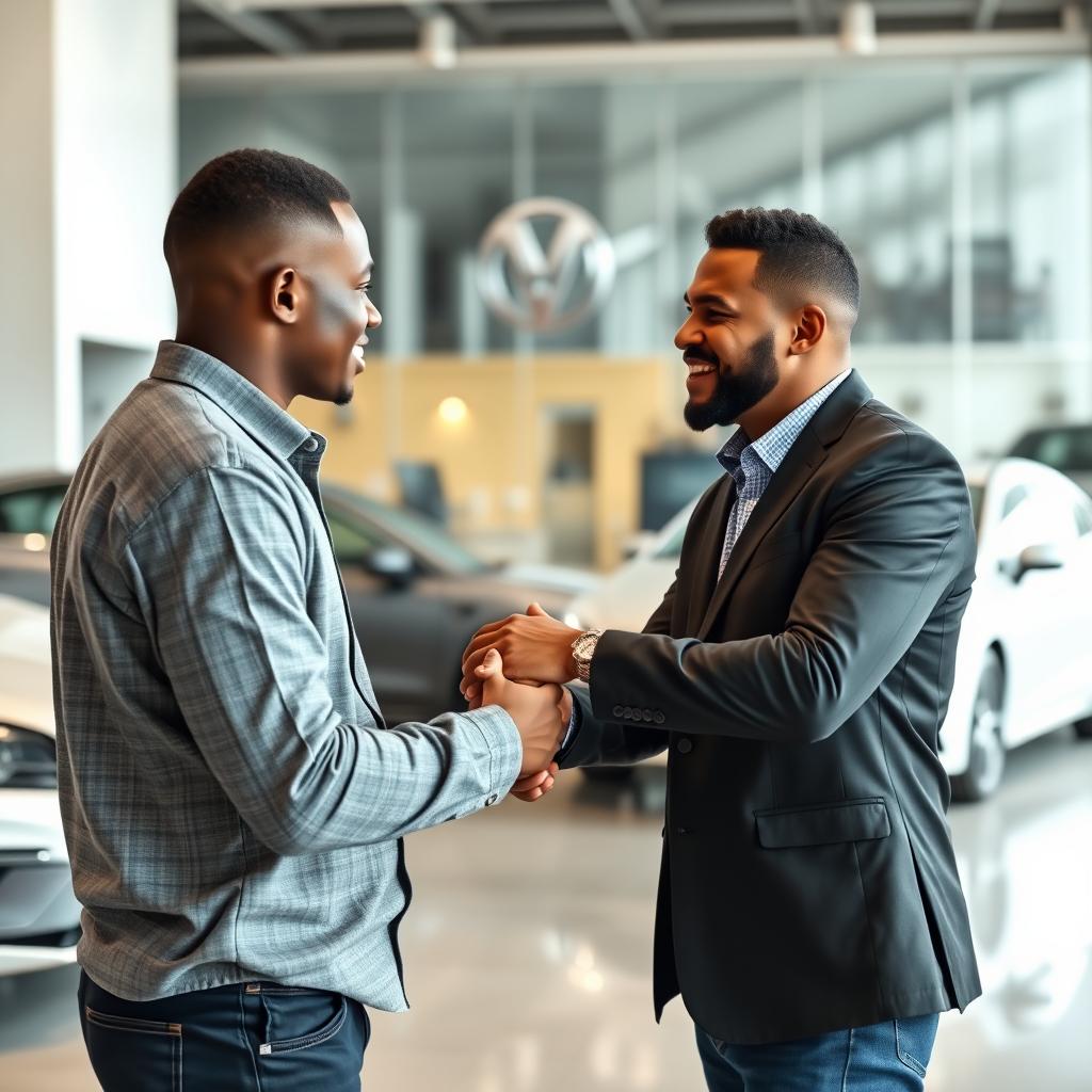 A scene showcasing two men engaged in a handshake, symbolizing partnership and collaboration