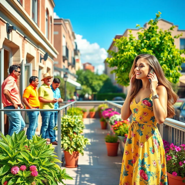 A vibrant urban scene depicting a sunny day with two terraces