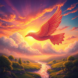 A heartwarming scene from a classic Urdu story featuring an intricately designed jadoo (magical) parinda (bird) soaring through the colorful skies