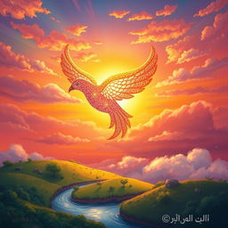 A heartwarming scene from a classic Urdu story featuring an intricately designed jadoo (magical) parinda (bird) soaring through the colorful skies