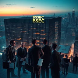 A dramatic scene depicting a group of shady characters engaging in conspiracy around a large, imposing building that represents the BSEC market
