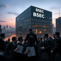 A dramatic scene depicting a group of shady characters engaging in conspiracy around a large, imposing building that represents the BSEC market