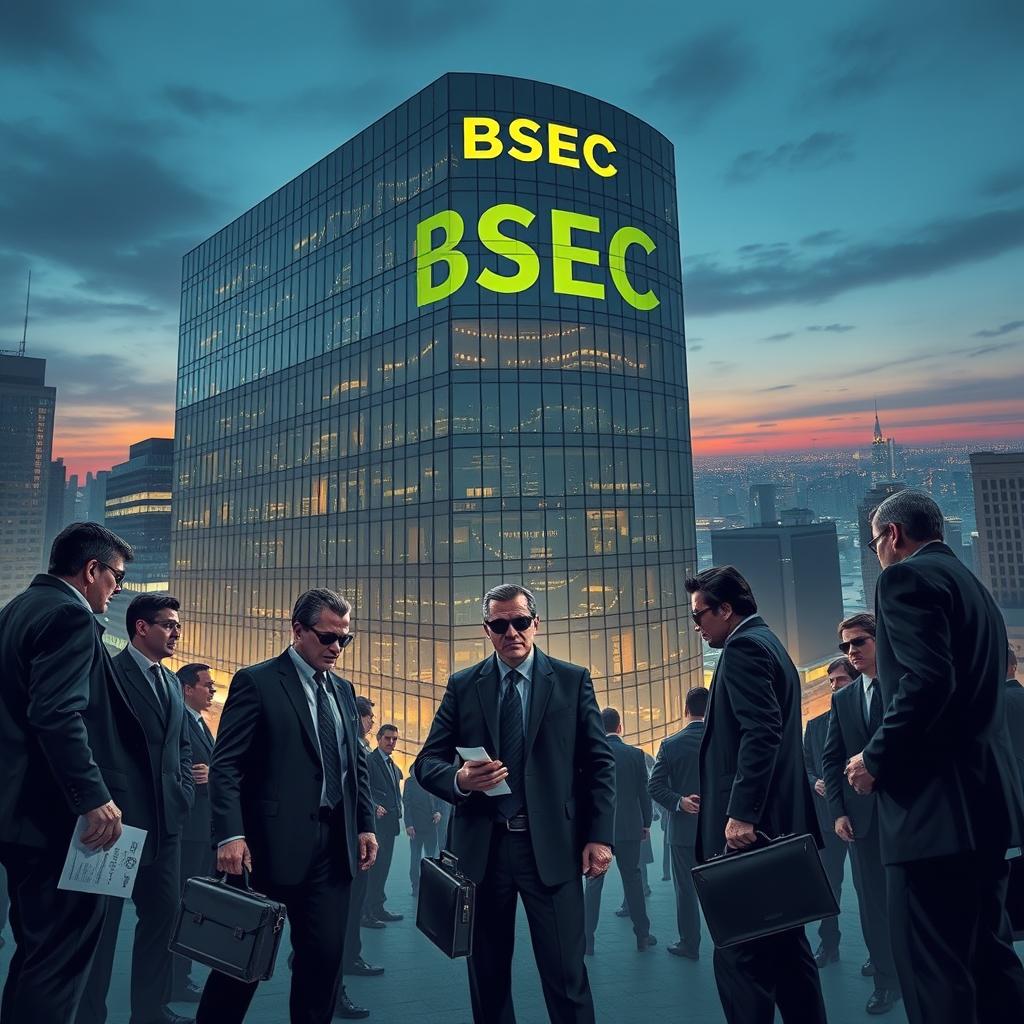 A dramatic scene depicting a group of shady characters engaging in conspiracy around a large, imposing building that represents the BSEC market