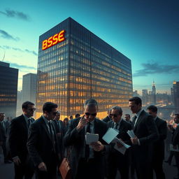 A dramatic scene depicting a group of shady characters engaging in conspiracy around a large, imposing building that represents the BSEC market