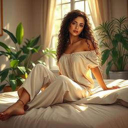 A beautiful woman sitting on a bed, wearing a loose off-shoulder top and pajama pants, with long curly hair cascading down