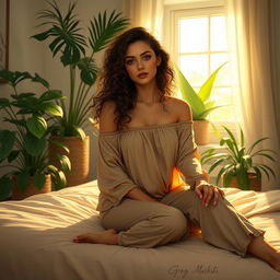 A beautiful woman sitting on a bed, wearing a loose off-shoulder top and pajama pants, with long curly hair cascading down