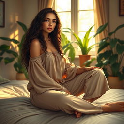 A beautiful woman sitting on a bed, wearing a loose off-shoulder top and pajama pants, with long curly hair cascading down