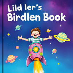 A captivating children's book cover featuring a joyful child, gleefully sitting atop a colorful rocket soaring upwards into a vibrant sky filled with twinkling stars and whimsical planets