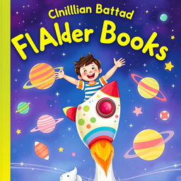 A captivating children's book cover featuring a joyful child, gleefully sitting atop a colorful rocket soaring upwards into a vibrant sky filled with twinkling stars and whimsical planets