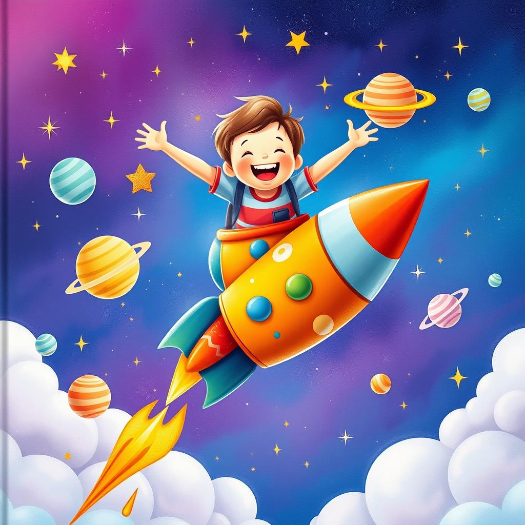 A captivating children's book cover featuring a joyful child, gleefully sitting atop a colorful rocket soaring upwards into a vibrant sky filled with twinkling stars and whimsical planets