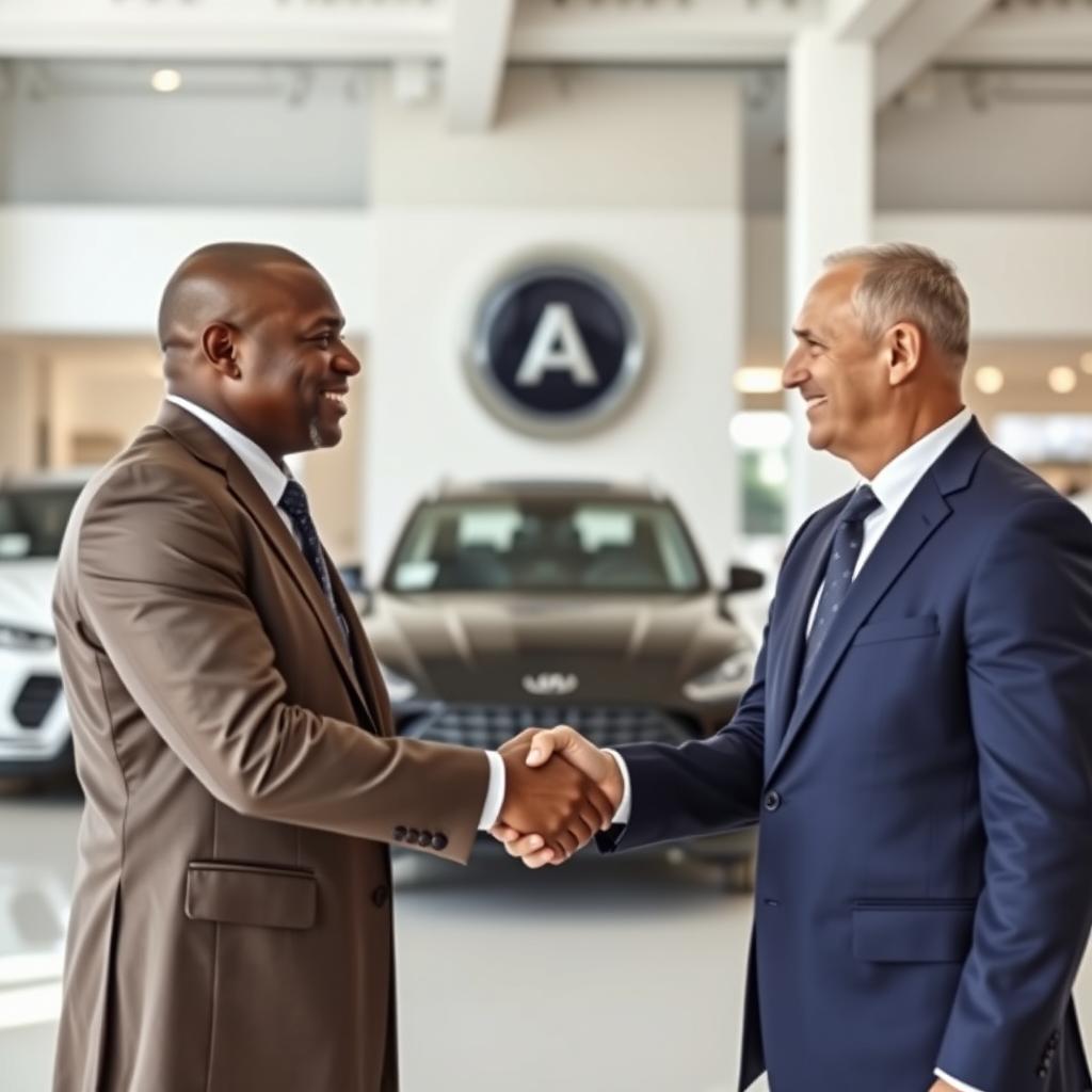 A professional scene featuring two businessmen shaking hands