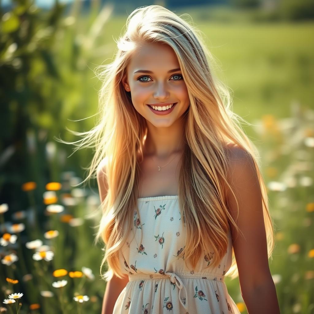 A stunning young blonde woman with long flowing hair, wearing a chic summer dress, standing in a sun-drenched meadow filled with wildflowers