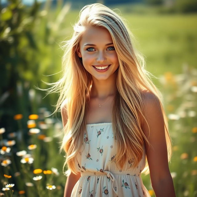 A stunning young blonde woman with long flowing hair, wearing a chic summer dress, standing in a sun-drenched meadow filled with wildflowers