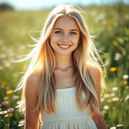 A stunning young blonde woman with long flowing hair, wearing a chic summer dress, standing in a sun-drenched meadow filled with wildflowers